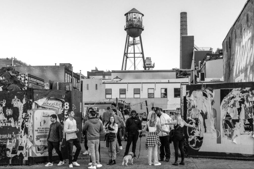 Mixed group of people outside Brooklyn event