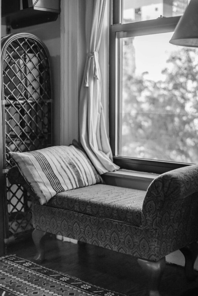 Modern living space couch next to window