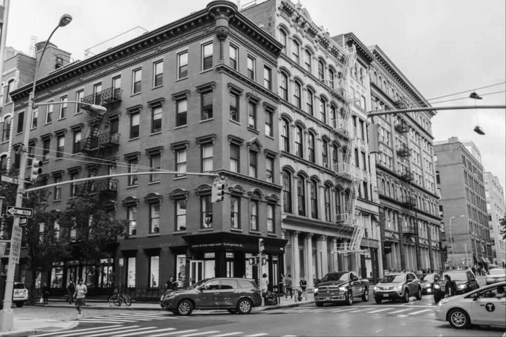 Outside street view of buildings in Brooklyn brownstone