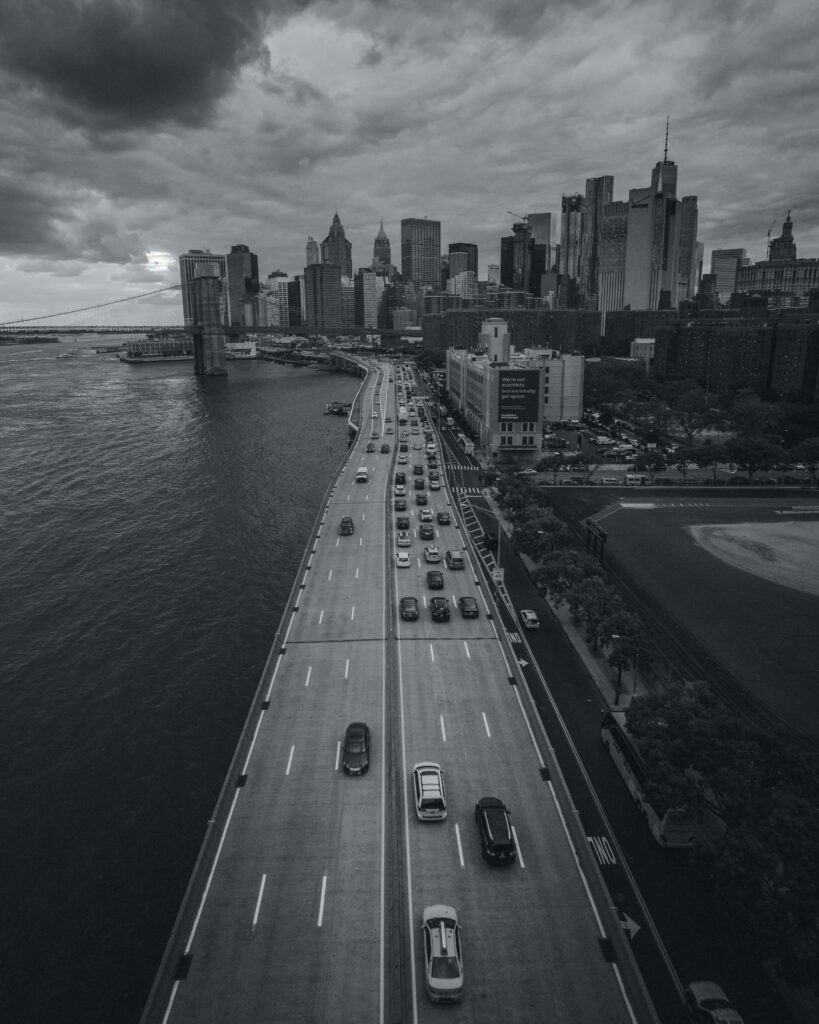 Skyline view of NYC roads and cars