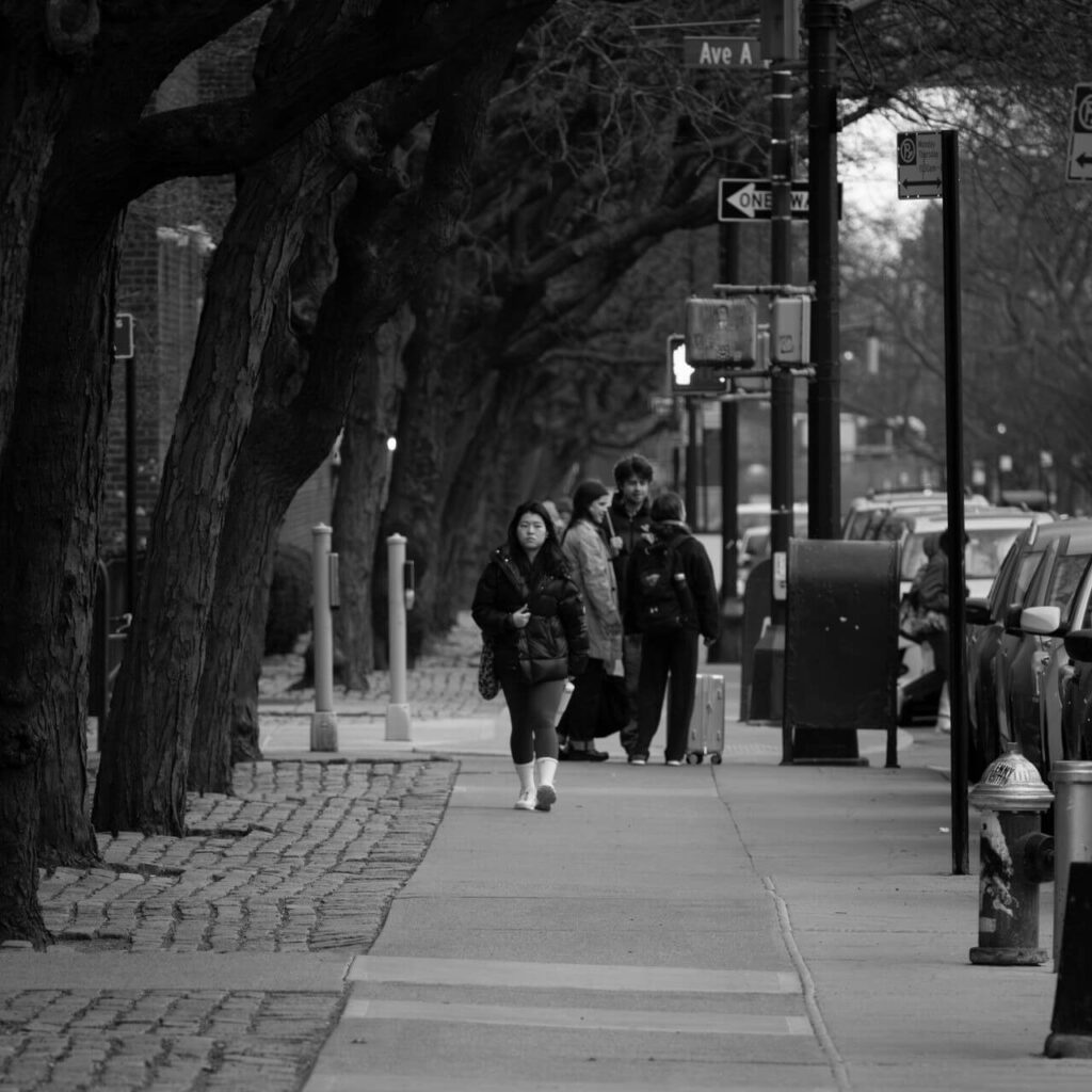 Busy neighborhood sidewalk with people